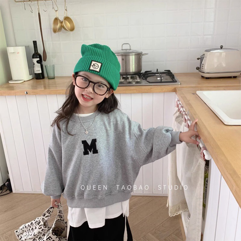 Áo Nỉ Bông dài tay thu đông in hình M cho bé trai bé gái