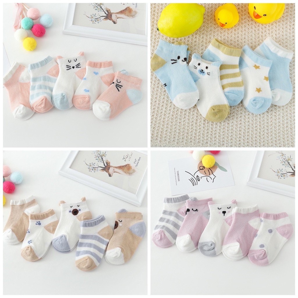 Set 5 Đôi Tất Lưới Cổ Ngắn Hình Gấu Cho Bé 0- 3 tuổi