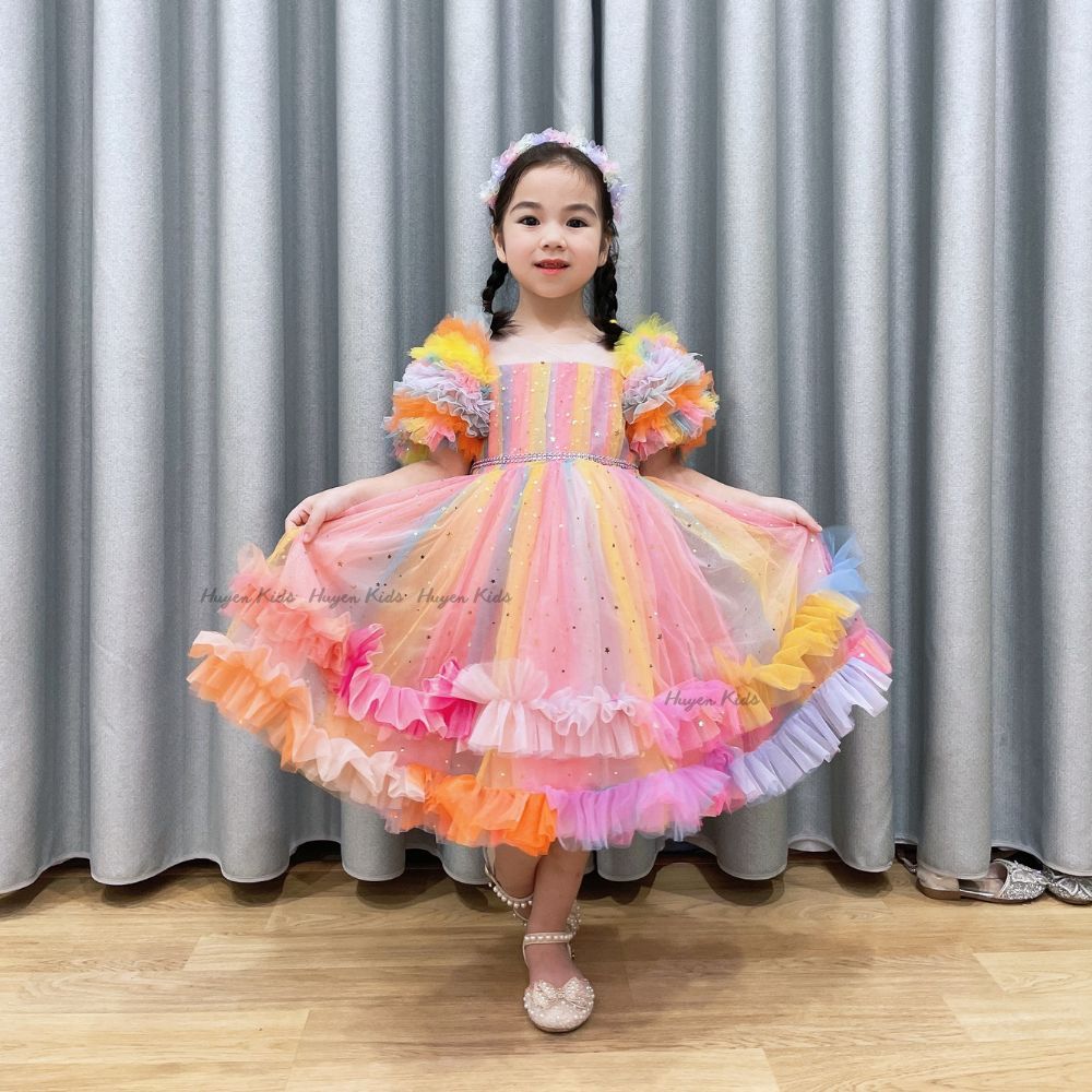 Váy Công Chúa Cầu Vồng Siêu Đẹp cho bé Gái - Đầm Công Chúa Thiết Kế Cao Cấp