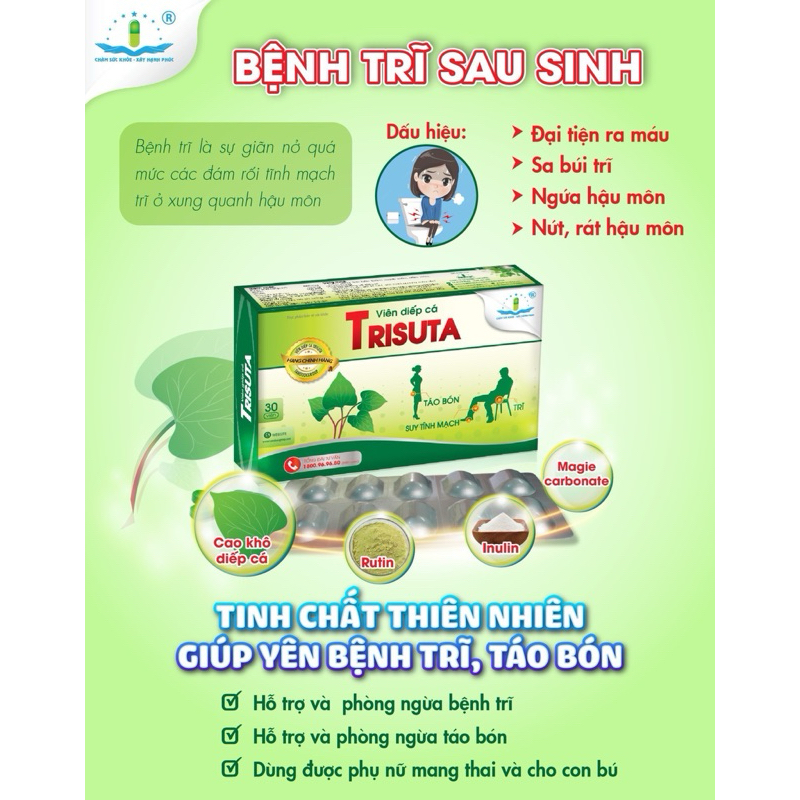 Viên Diếp Cá Trisuta - Hỗ Trợ Giảm Táo Bón, Trĩ, Suy Tĩnh Mạch Chân, Dùng Được Cho Phụ Nữ Có Thai - Hộp 30 viên