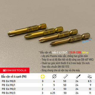 Đầu vặn vít 4 cạnh pb e6.190 series dài 50mm, chuôi lục giác e 6.3 dòng color-code | pb swiss tools