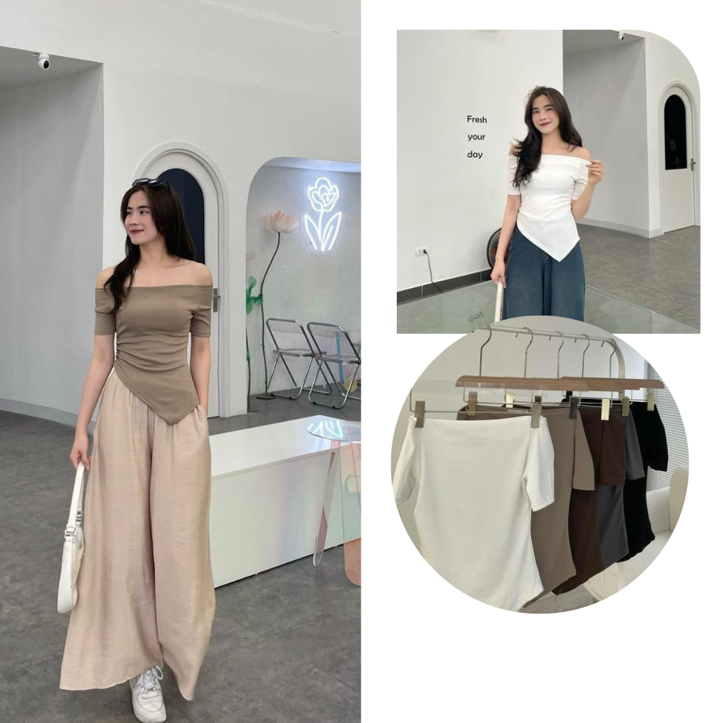 Áo thun trễ vai vạt nhọn chéo, áo nữ chất thun hàn dày dặn phong cách Hàn Quốc siêu xinh mã HA93 HMStyle