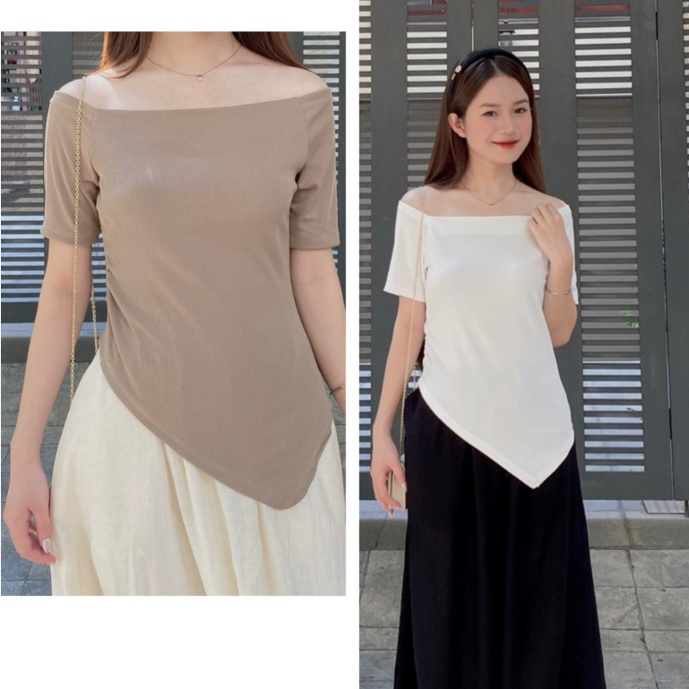 Áo thun trễ vai vạt nhọn chéo, áo nữ chất thun hàn dày dặn phong cách Hàn Quốc siêu xinh mã HA93 HMStyle