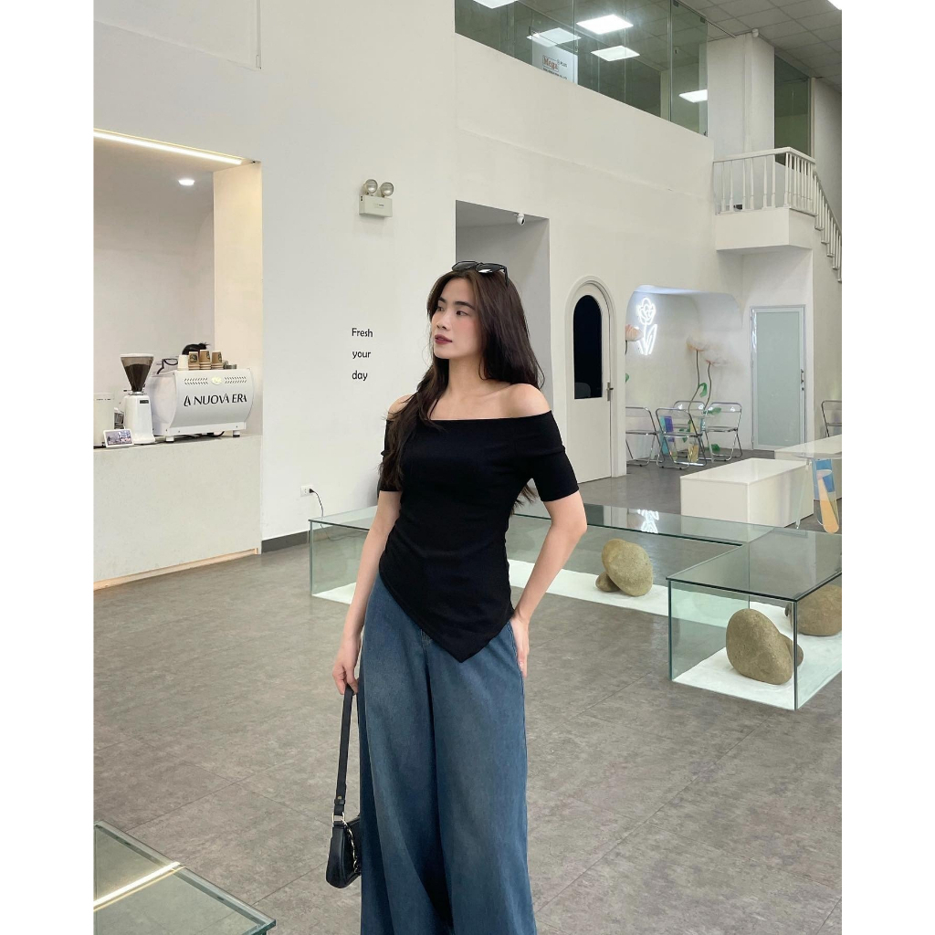 Áo thun trễ vai vạt nhọn chéo, áo nữ chất thun hàn dày dặn phong cách Hàn Quốc siêu xinh mã HA93 HMStyle