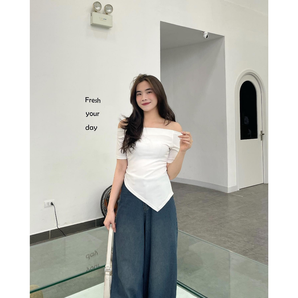 Áo thun trễ vai vạt nhọn chéo, áo nữ chất thun hàn dày dặn phong cách Hàn Quốc siêu xinh mã HA93 HMStyle