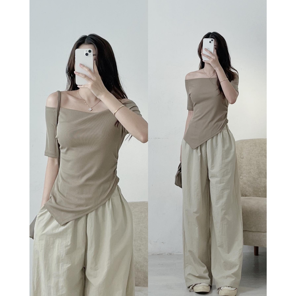 Áo thun trễ vai vạt nhọn chéo, áo nữ chất thun hàn dày dặn phong cách Hàn Quốc siêu xinh mã HA93 HMStyle