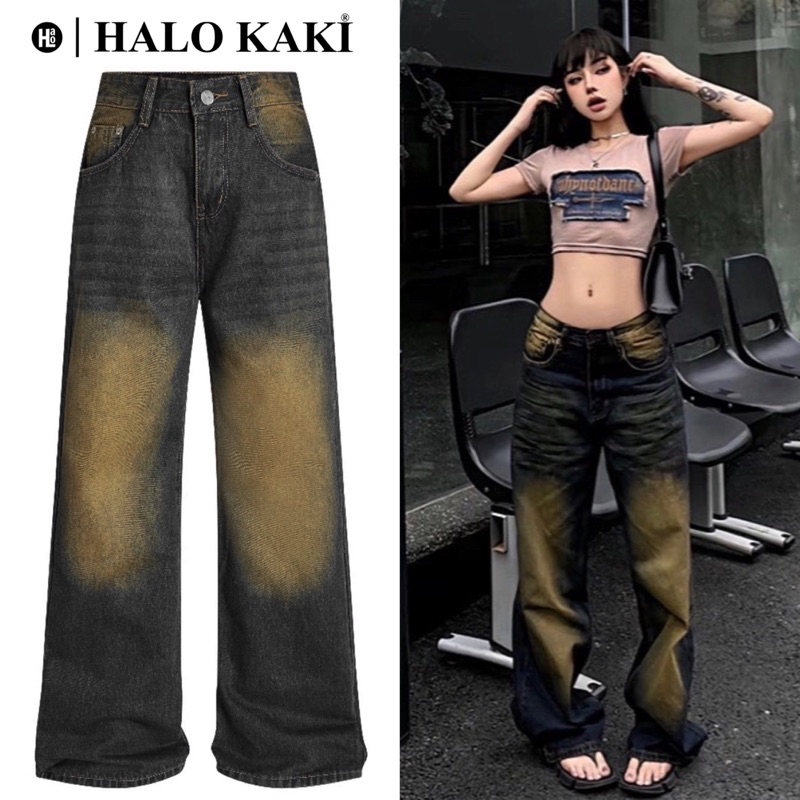 NÂU VÀNG TRƠN/RÁCH - QUẦN JEANS WASH  VINTAGE RÁCH GỐI ỐNG RỘNG PHỦ GÓT - HALO KAKI -