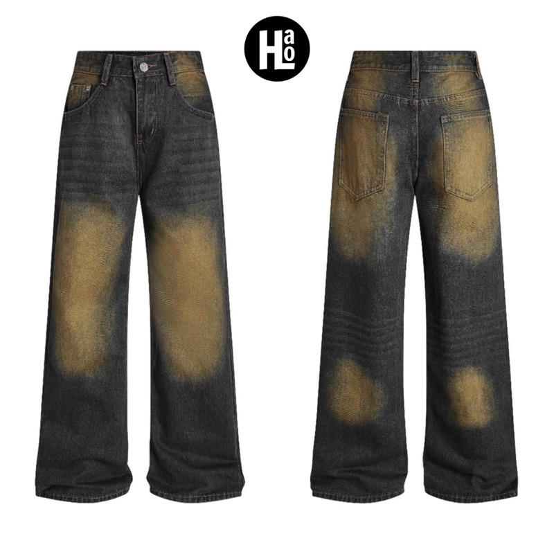 QUẦN JEANS BAGGY WASH NÂU VÀNG TRƠN/RÁCH - QUẦN JEANS WASH (NÂU VÀNG) VINTAGE RÁCH GỐI ỐNG RỘNG PHỦ GÓT - HALO KAKI | BigBuy360 - bigbuy360.vn
