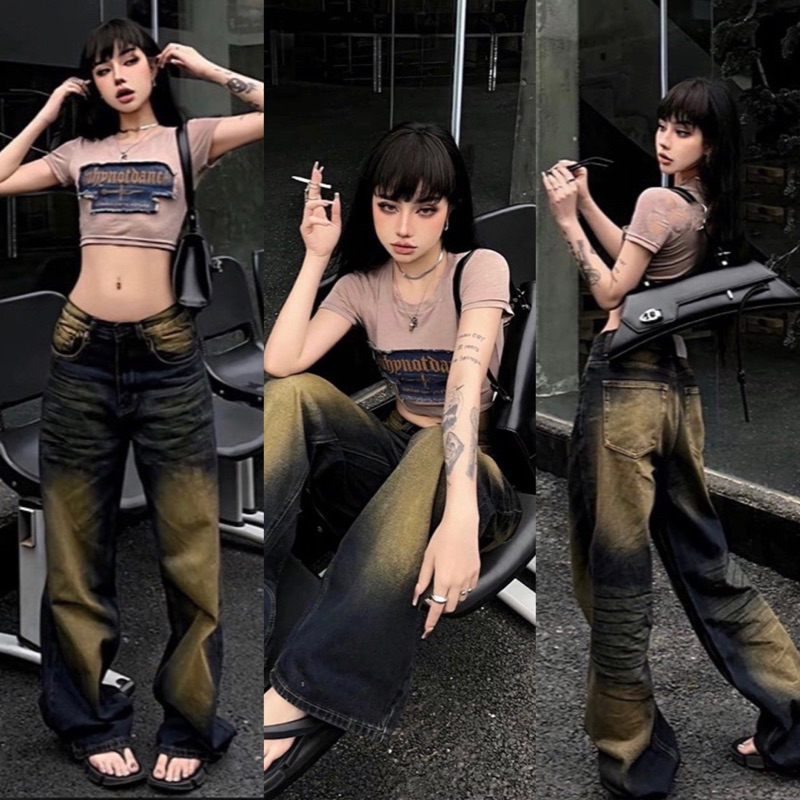 QUẦN JEANS BAGGY WASH NÂU VÀNG TRƠN/RÁCH - QUẦN JEANS WASH (NÂU VÀNG) VINTAGE RÁCH GỐI ỐNG RỘNG PHỦ GÓT - HALO KAKI | BigBuy360 - bigbuy360.vn