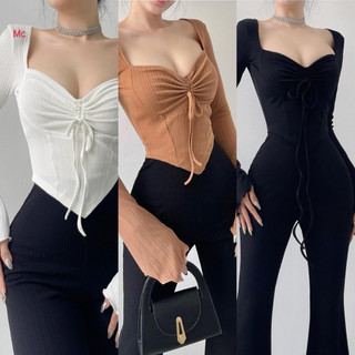 ÁO KIỂU TAY DÀI CỔ TIM ÔM BODY PHỐI RÚT DÂY NP999