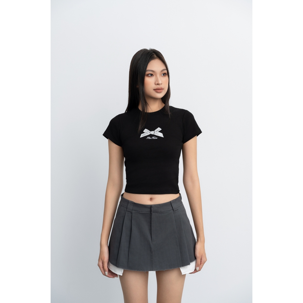 Áo thun ngắn tay croptop in nơ nhũ bạc lấp lánh The Kim, áo thun baby tee form ôm A222