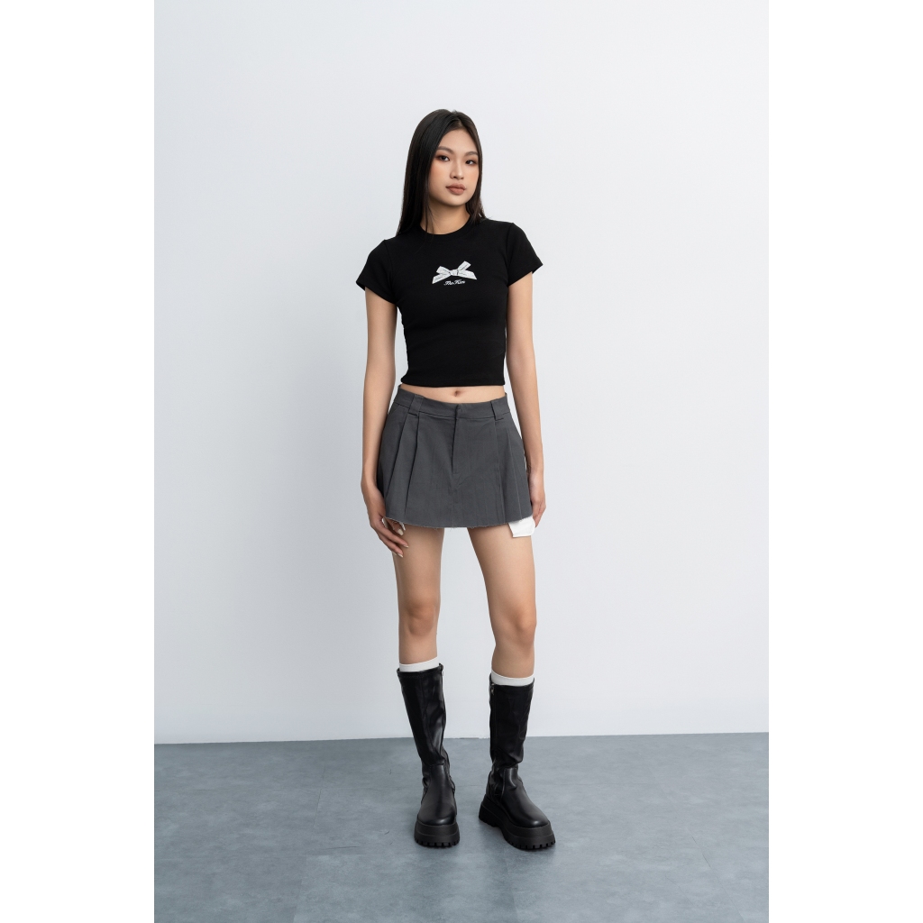 Áo thun ngắn tay croptop in nơ nhũ bạc lấp lánh The Kim, áo thun baby tee form ôm A222