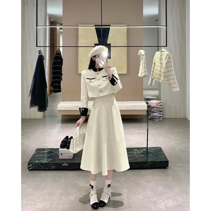 Bộ áo nhung cổ tàu dáng crotop mix chân váy xoè dài Set  bộ hàng QCCC  phong cách hàn quốc mặc đi chơi đi làm đều xinh