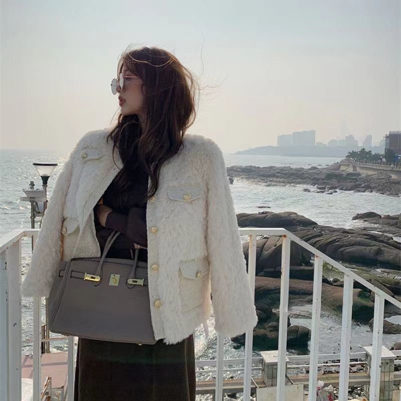 Áo khoác lông thỏ dày dặn viền tweed tiểu thư hàng QCCC