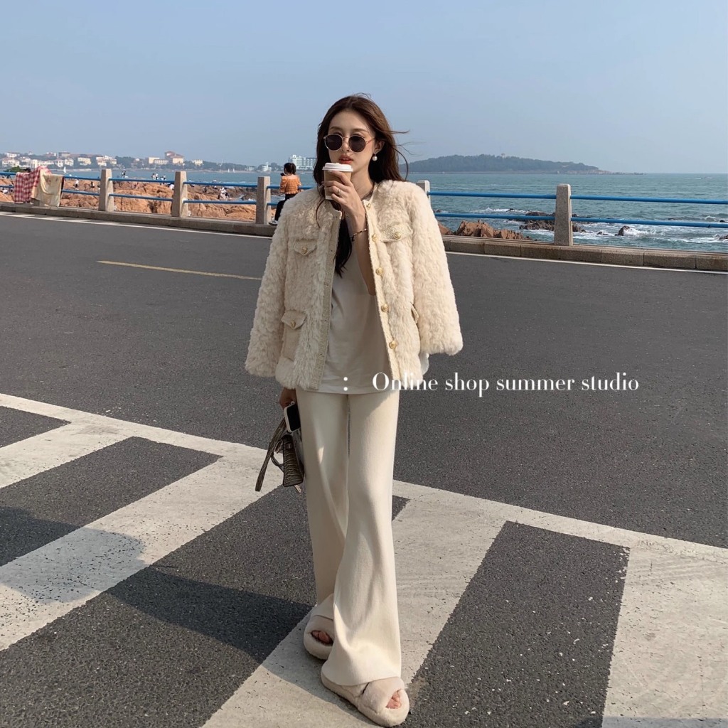 Áo khoác lông thỏ dày dặn viền tweed tiểu thư hàng QCCC