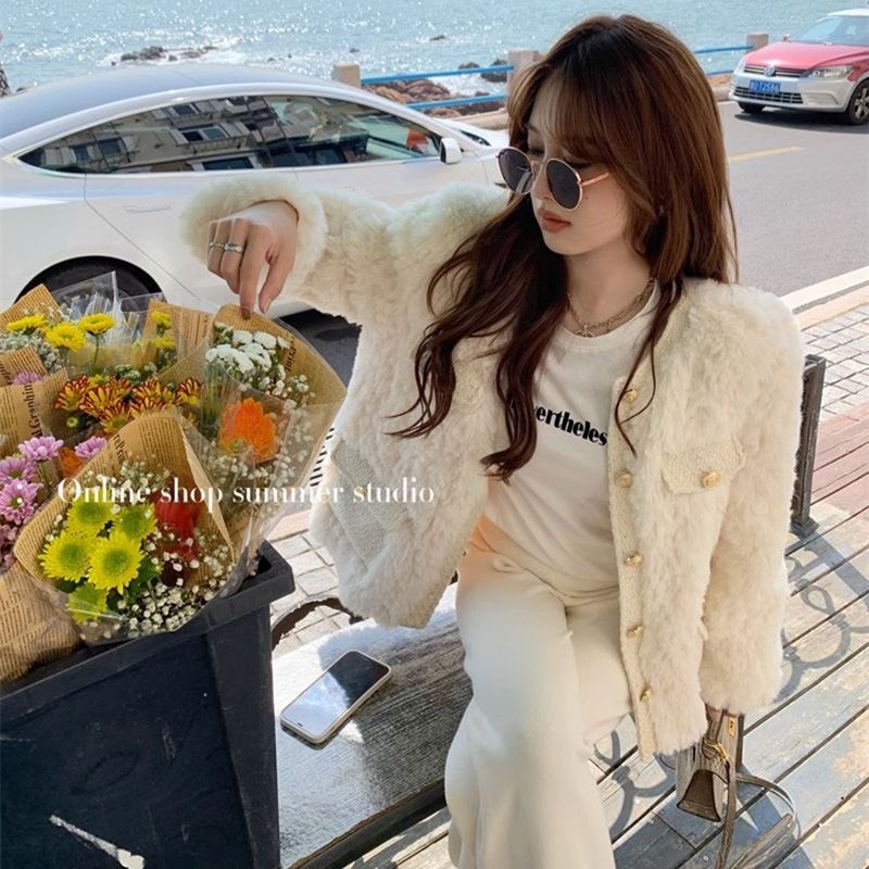 Áo khoác lông thỏ dày dặn viền tweed tiểu thư hàng QCCC