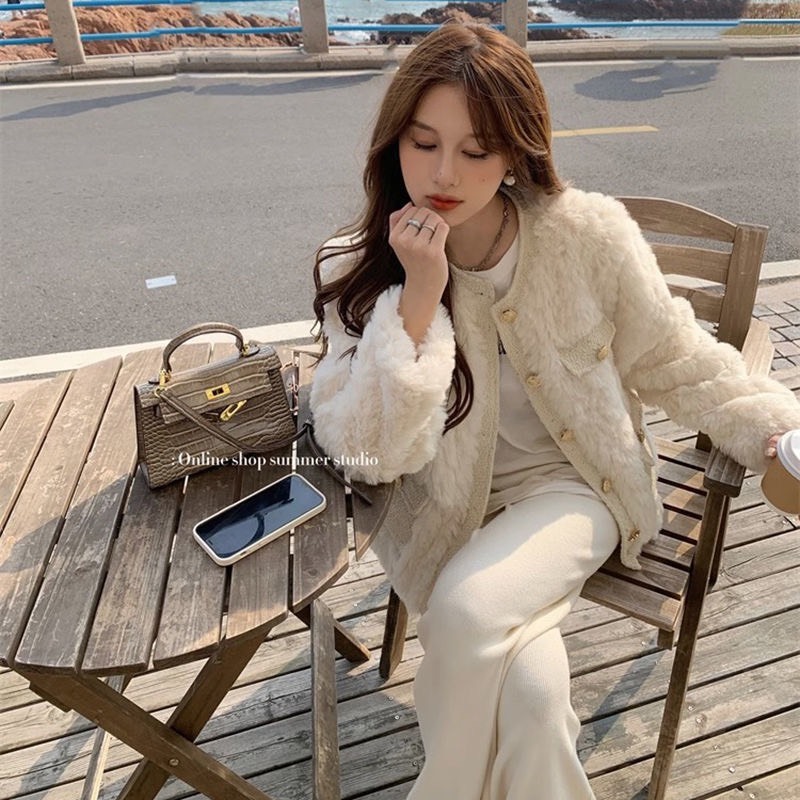 Áo khoác lông thỏ dày dặn viền tweed tiểu thư hàng QCCC