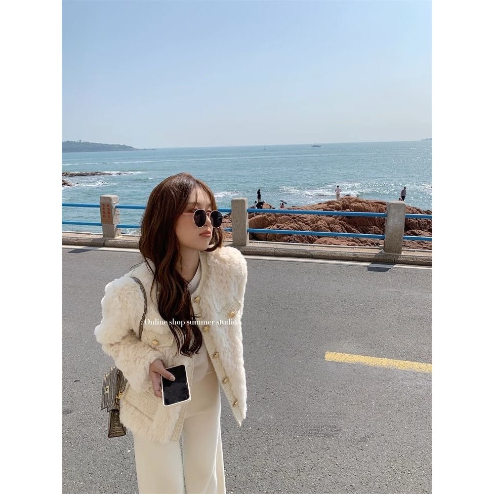 Áo khoác lông thỏ dày dặn viền tweed tiểu thư hàng QCCC