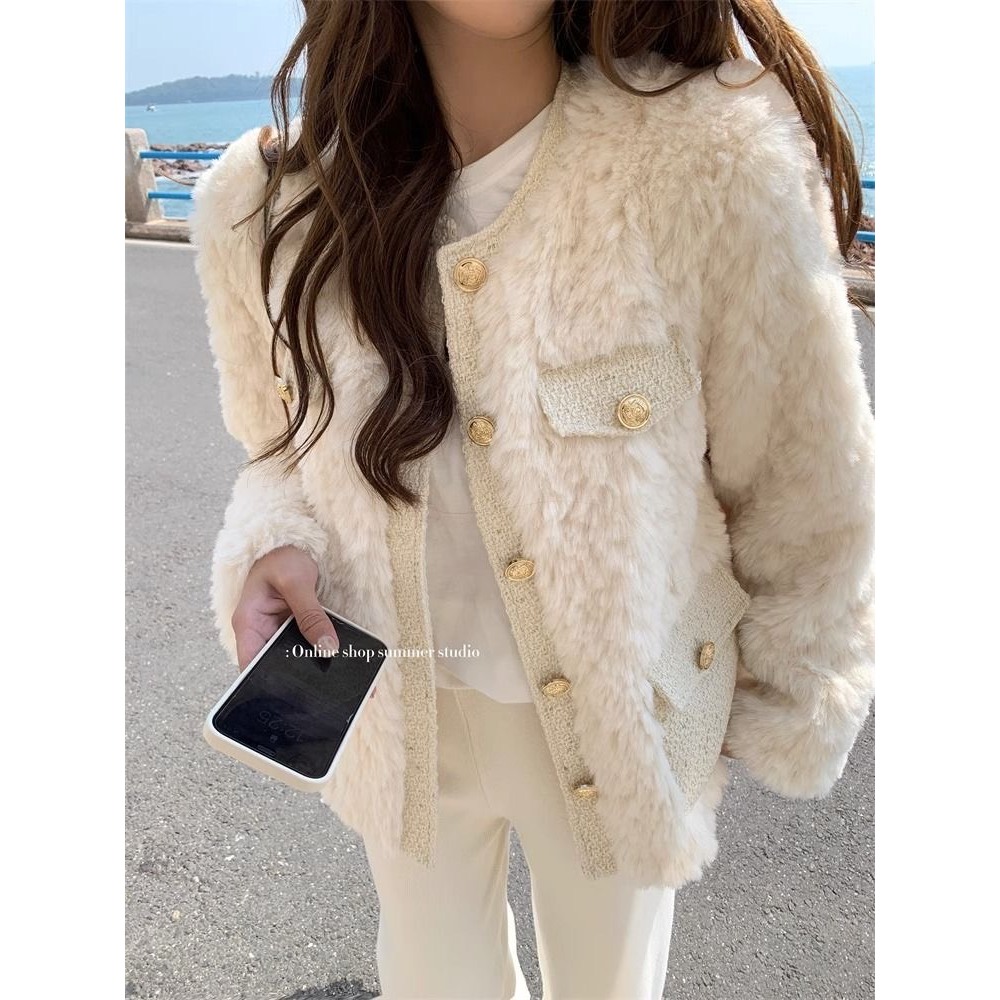 Áo khoác lông thỏ dày dặn viền tweed tiểu thư hàng QCCC