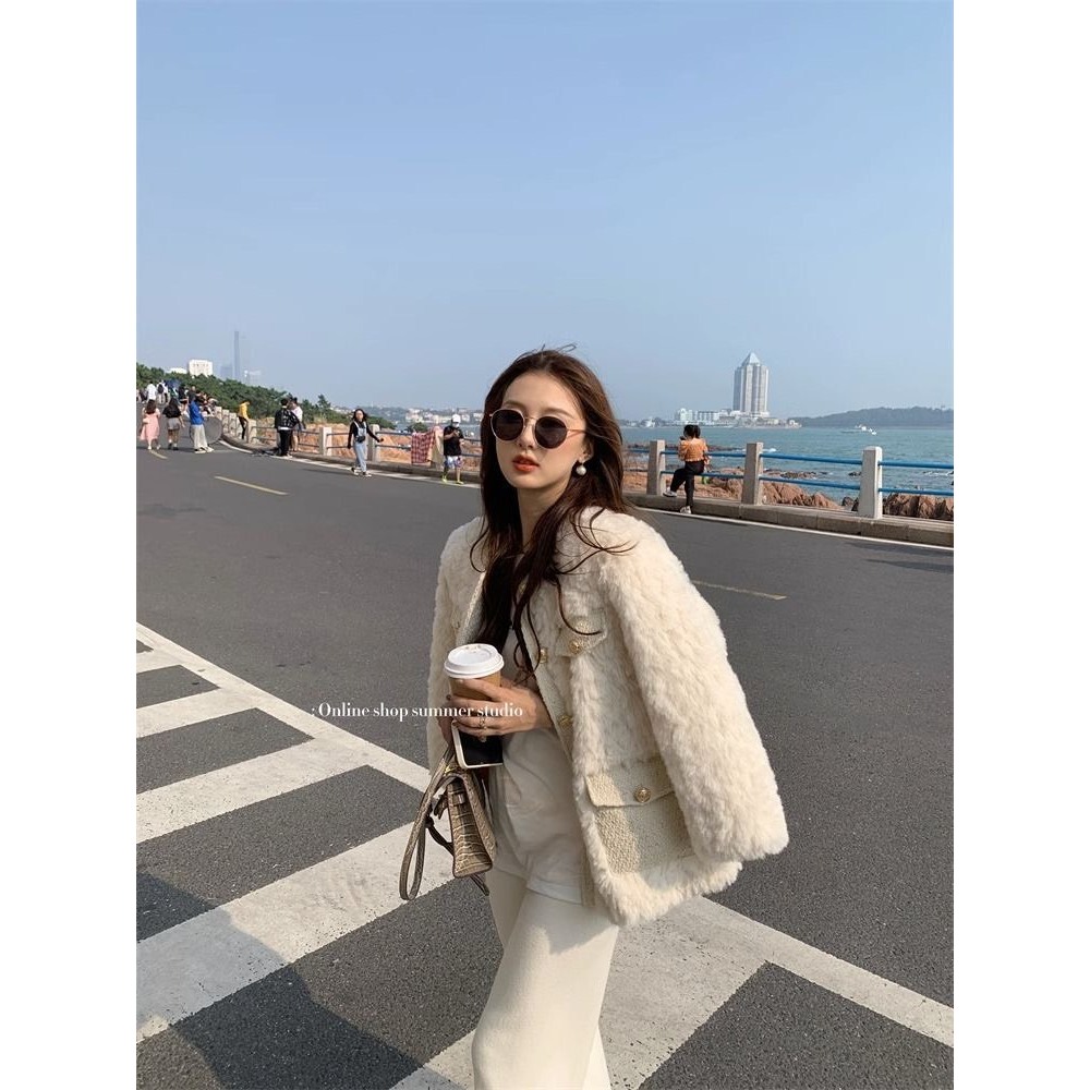 Áo khoác lông thỏ dày dặn viền tweed tiểu thư hàng QCCC