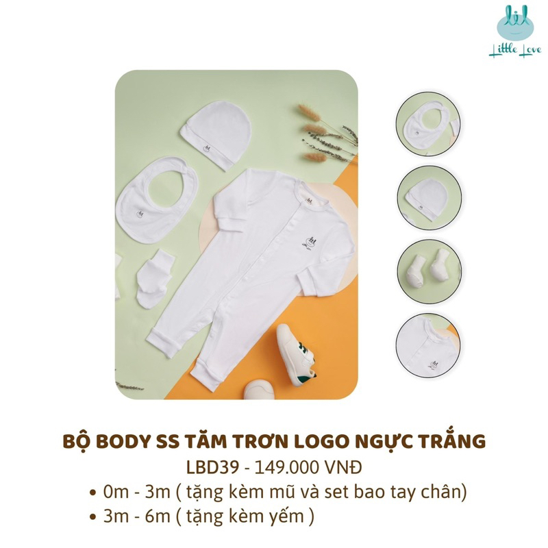 Little love - Bộ sơ sinh cài thẳng và body cài thẳng tăm trơn logo ngực trắng