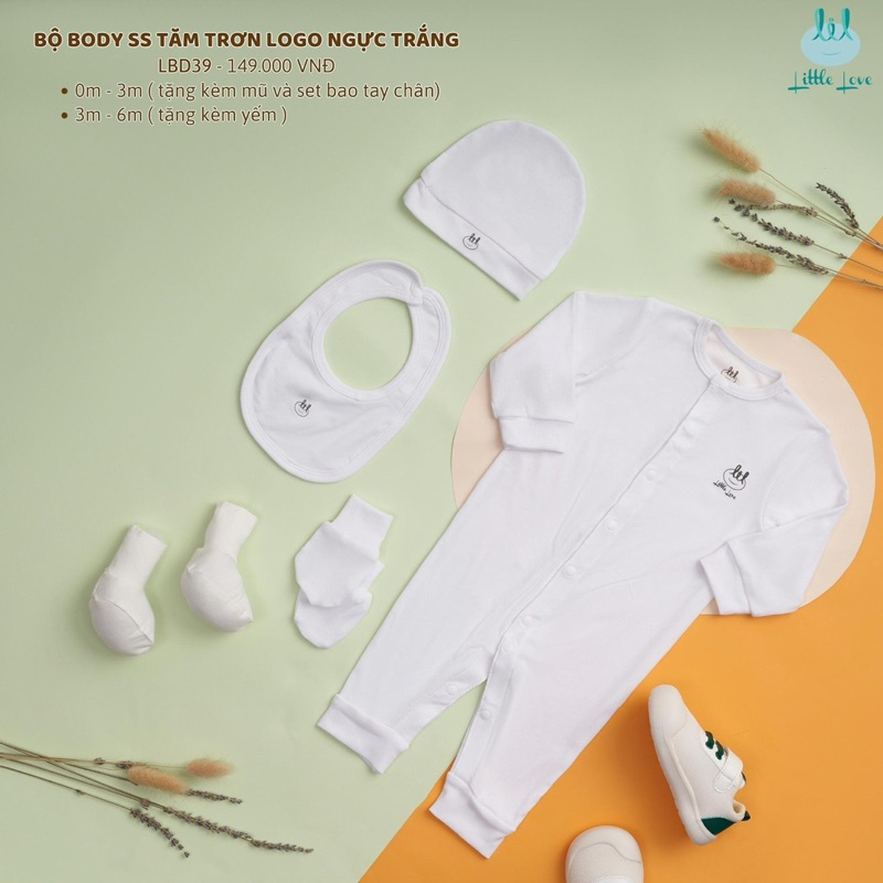 Little love - Bộ sơ sinh cài thẳng và body cài thẳng tăm trơn logo ngực trắng