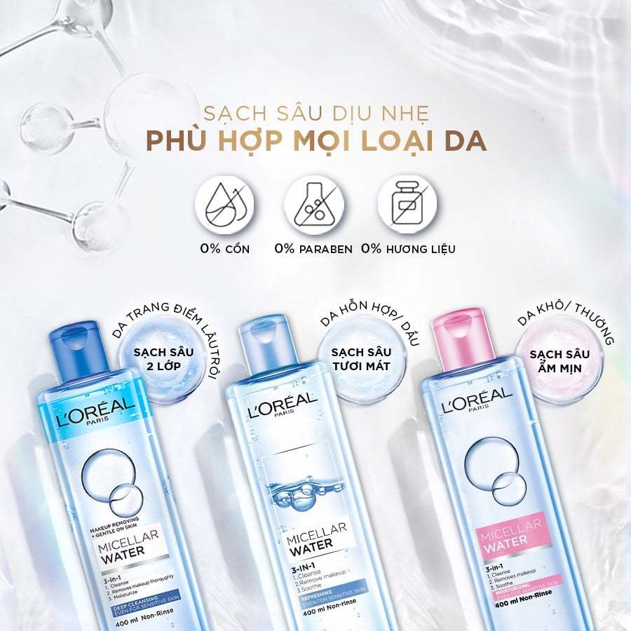 Nước tẩy trang L'Oreal Paris 3in1 Micellar Water làm sạch sâu, dưỡng ẩm chính hãng