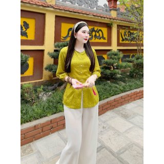 Đồ lam đi chùa nữ - pháp phục đi chùa - set lam bà ba lụa gấm vân hoa tay bo
