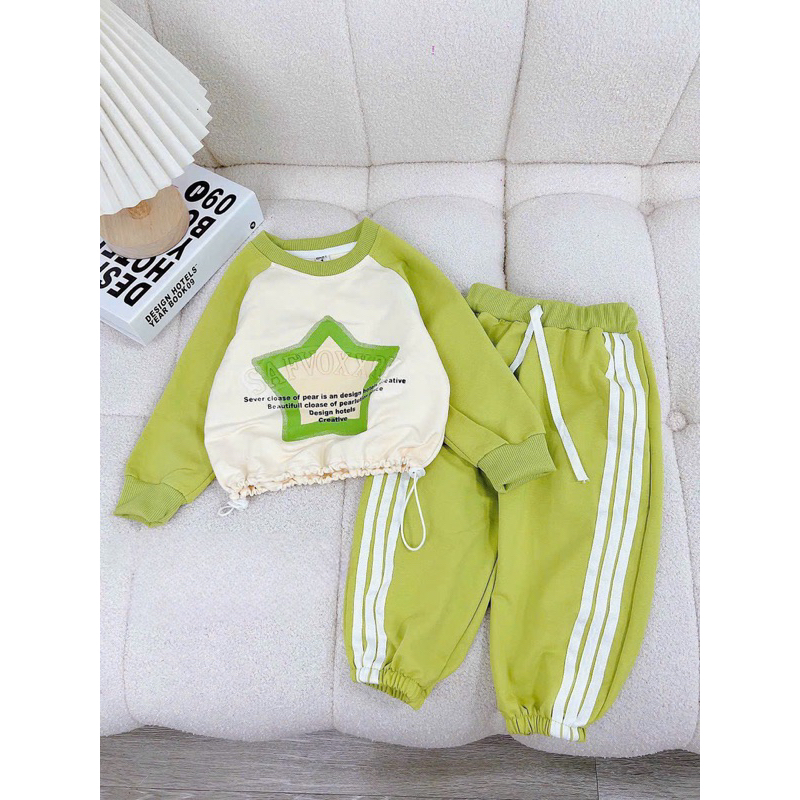 Bộ thu đông bé gái, set bộ quần áo dài tay chất da cá áo croptop họa tiết ngôi sao kèm quần bomber cho bé 10-32kg