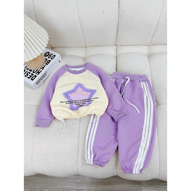 Bộ thu đông bé gái, set bộ quần áo dài tay chất da cá áo croptop họa tiết ngôi sao kèm quần bomber cho bé 10-32kg