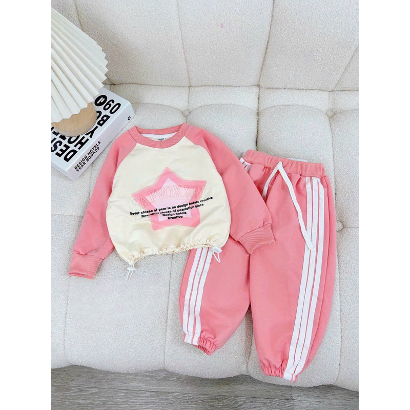 Bộ thu đông bé gái, set bộ quần áo dài tay chất da cá áo croptop họa tiết ngôi sao kèm quần bomber cho bé 10-32kg