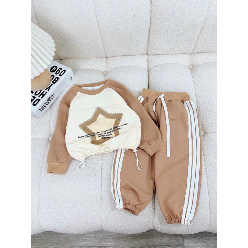Bộ thu đông bé gái, set bộ quần áo dài tay chất da cá áo croptop họa tiết ngôi sao kèm quần bomber cho bé 10-32kg