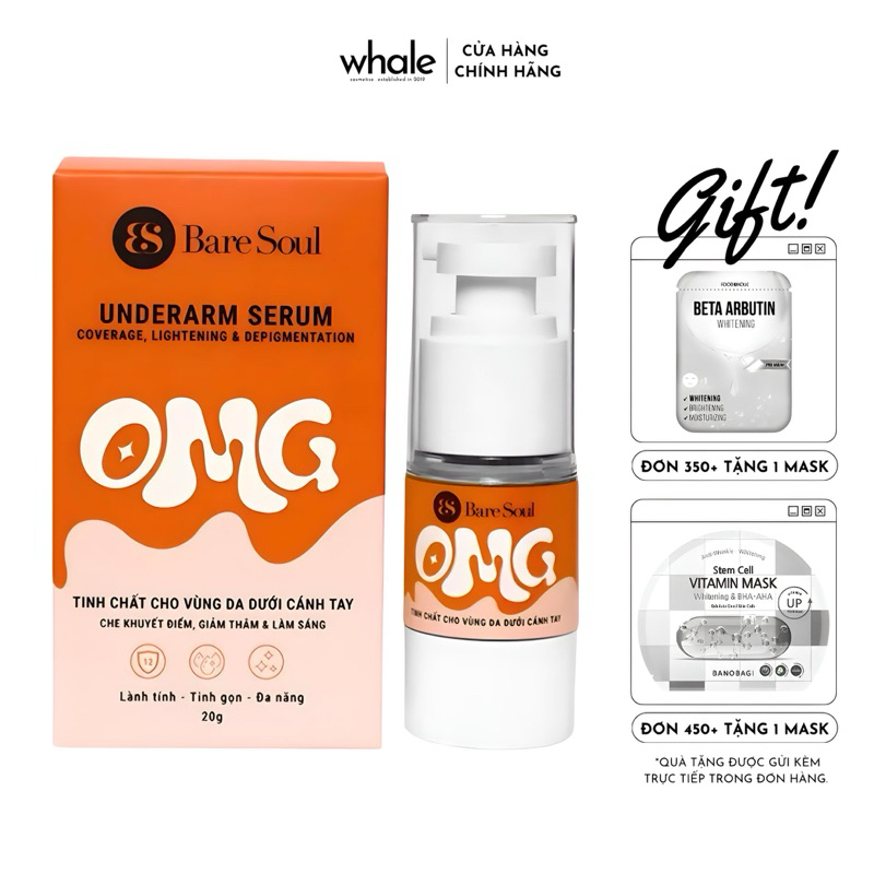 (Màu Cam) Serum cho nách che khuyết điểm, giảm thâm & làm sáng da khử mùi cơ thể BareSoul OMG Underarm Serum 20G