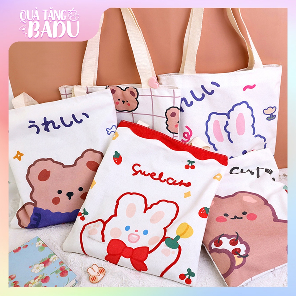 Túi tote BADU mẫu gấu thỏ dễ thương 36 x 34.5 đựng vừa A4