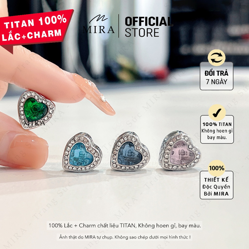 TITAN Charm, Hạt Pan MIRA & Co. - CHT01 Charm Hạt Tim Timeless Đính Đá, Chất Liệu TITAN Không Hoen Gỉ, Bay Màu MIRA STOR