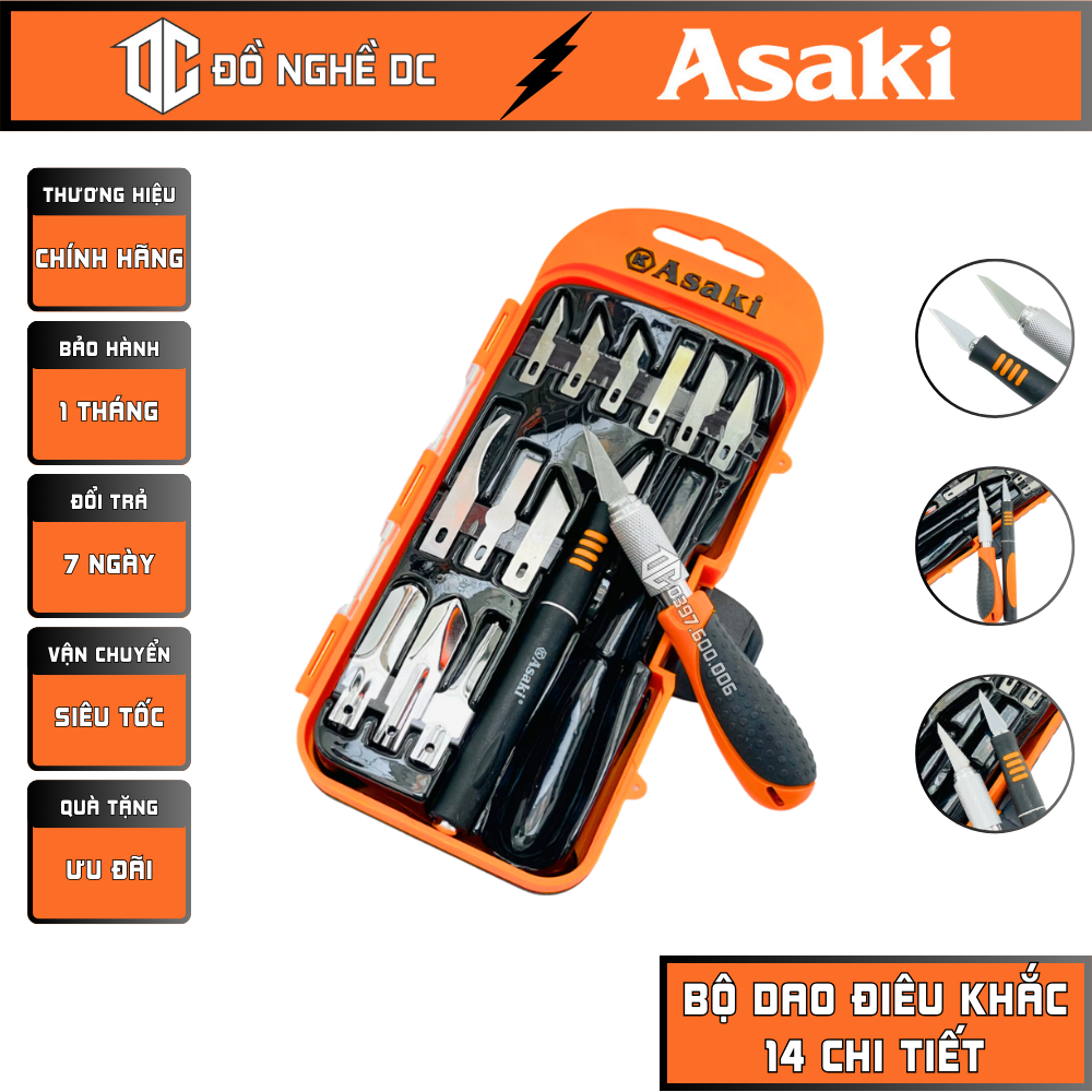 Bộ Dao Điêu Khắc, Dao Tỉa Rau Củ Quả, Dao Chạm Trổ, Tách, Ghép 14 Chi Tiết AK-3960 Asaki Japan STD chất lệu thép đa năng