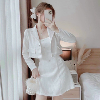 Đầm hotnew mặc đi dự tiệc sang chảnh Lennin gân cao cấp đính nút kèm áo khoác vets crotop tay dài xd
