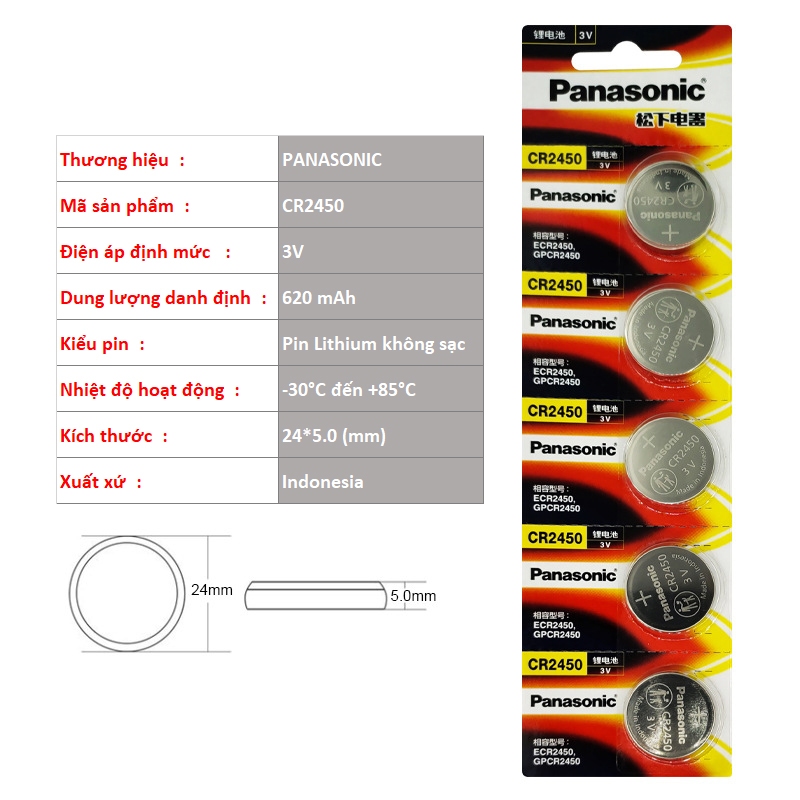 Pin Panasonic CR2450 3V 630mAh chính hãng 1 viên