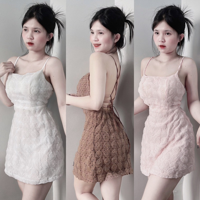 Đầm Dây Cúp Ngực Lưới Hoa Hồng Hở Đan Chéo Lưng Dáng Ngắn Xoè