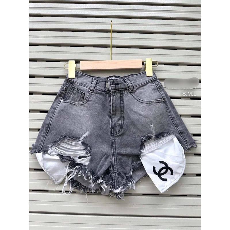 Quần short jean rách tua rua 2 bên phối túi lộ dấu móc chà neo lp