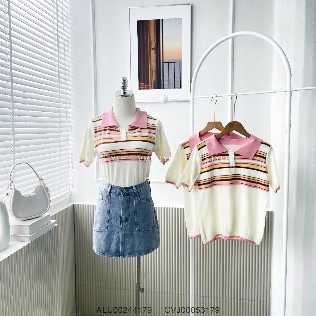 Áo len nữ VMSTYLE croptop tay ngắn cổ bẻ phối màu pastel dễ thương đi học, đi chơi thời trang thu đông 15133 - ALU00244