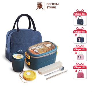 Hộp đựng cơm giữ nhiệt văn phòng 2 tầng, chất liệu Inox 304 và lúa mạch cao cấp