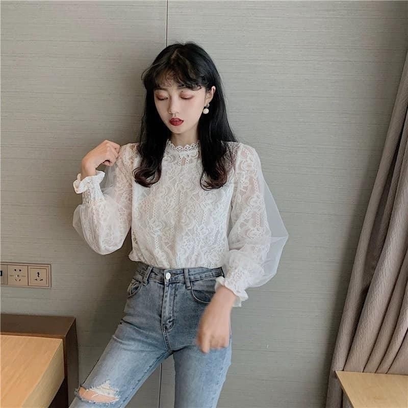 Áo sơ mi trắng phối ren Mango dư xịn