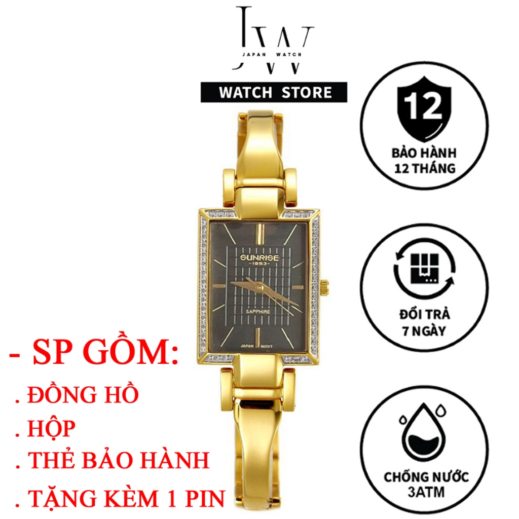 Đồng Hồ Nữ Sunrise JAPAN WATCH Thiết Kế Mặt Xanh Đính Đá Sang Trọng Dây Thép Không Gỉ Vàng Size 28mm
