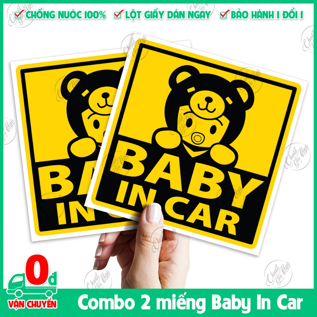 2 logo sticker 10cm x 10cm Baby In Car cho xe ô tô hình em bé GẤU