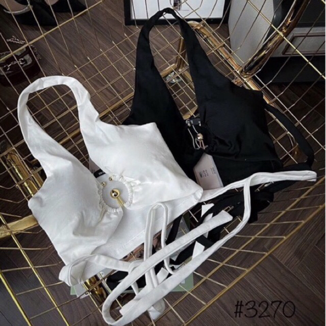 Áo croptop kiểu yếm Có Mút Nâng viền sọc nổi hở vai sexy A129