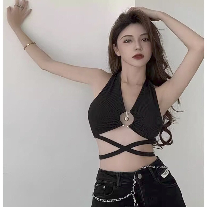 Áo croptop kiểu yếm Có Mút Nâng viền sọc nổi hở vai sexy A129