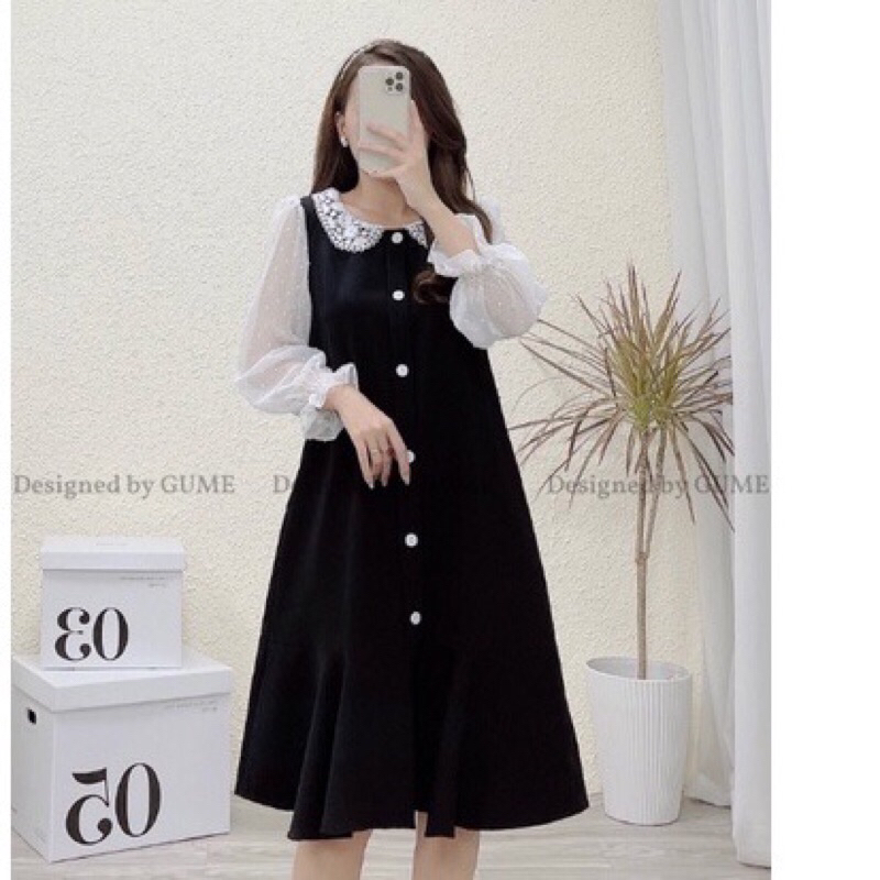 Váy bầu dài tay công sở cổ ren sẵn A5