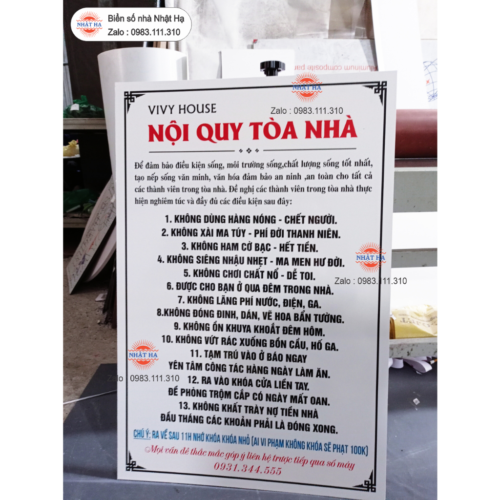 Bảng Nội Quy Tòa Nhà,Chung Cư... Bằng alu 3mm cứng cáp.