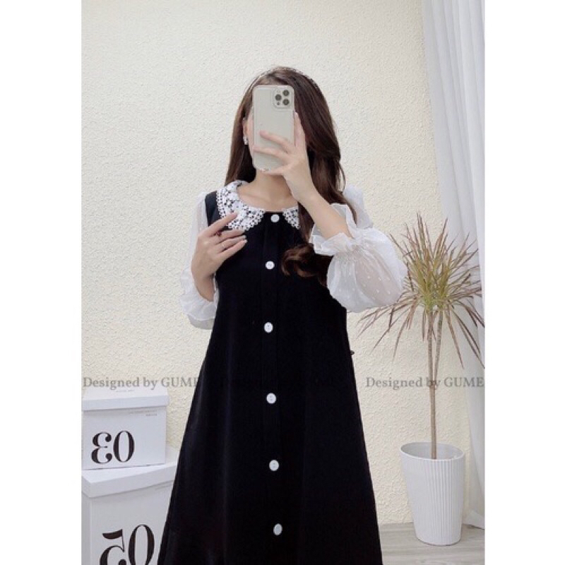 Váy bầu dài tay công sở cổ ren sẵn A5